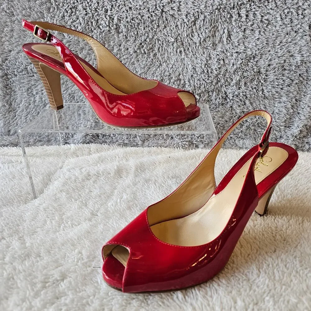 Cole Haan Women's Romantic Patent Leather Peep Toe Slingback Heels Size 7B Red‎